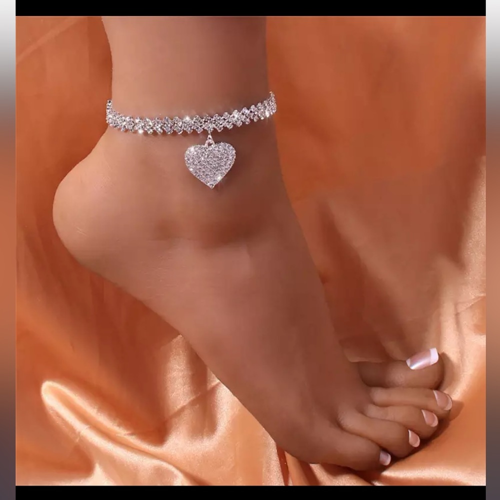 Anklet Silver rhinestones with Heart pendant